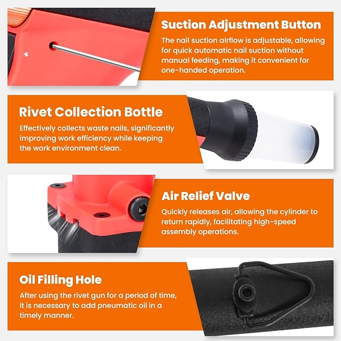 Pneumatic Rivet Gun Air Pop Riveter Tool Kit with 3/32", 1/8", 5/32", 3/16" Rivet Nozzles, Self-Suction Pneumatic Riveting Gun, Upgraded Air Riveter Hydraulic Pop Riveting Rivets Tool