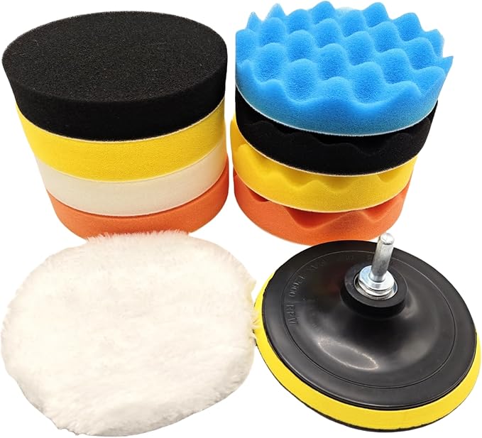 10Pcs 5Inch Face Backing Plate Compound Buffing Polishing Sponge Pads Waffle Foam Buffing Polishing Pads Kit with Woolen Cutting Pad and 5Inch Backing Plate M10 Drill Adapter