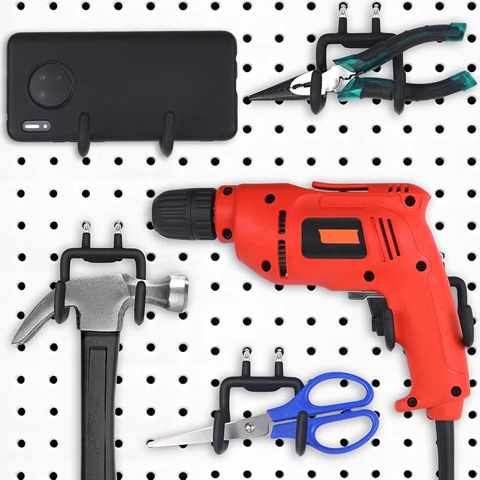 4 Pieces Pegboard Hooks Pegboard Drill Holder Double Power Tool Black Flat Utility Hook Peg Board Organization Accessory for Workbench, Garage Storage(7.48 x 2.8 x 3.66 Inch)