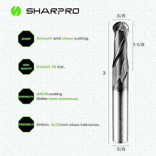 Extra Long Ball Nose End Mill 3/8 Inch SHK. and Cutting Dia. 3D Carving, High-Speed and Deep Cutting, AlCrN Coated, Apply for Alloy Steel, Stainless Steel and Various Cast Iron.
