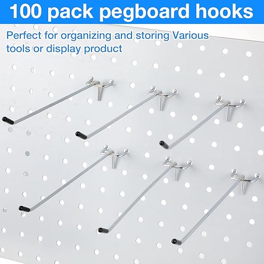 Moxweyeni 100 Pcs Pegboard Hooks Peg Board Organizer Accessories Holders Hanging Stainless Steel Display Wall Hooks for 1/8 and 1/4 Pegboard Wall for Garage Storage Tools(8 Inch)