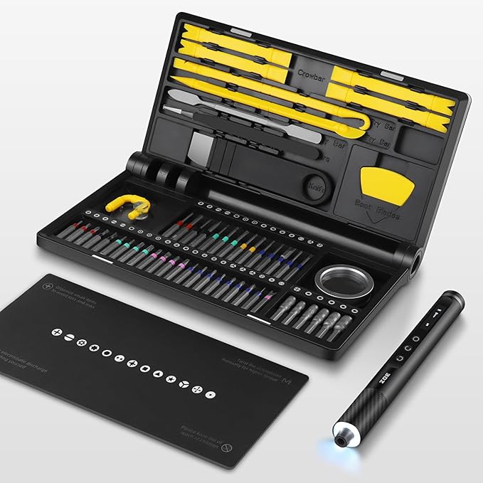Small screwdriver set,71 in 1 electric screwdriver cordless with LED light,5 torque settings,MAX 0.6Nm,42 magnetic bit set,Crowbar and tweezers,Pc multi tool kit,Laptop,Phone repair kit