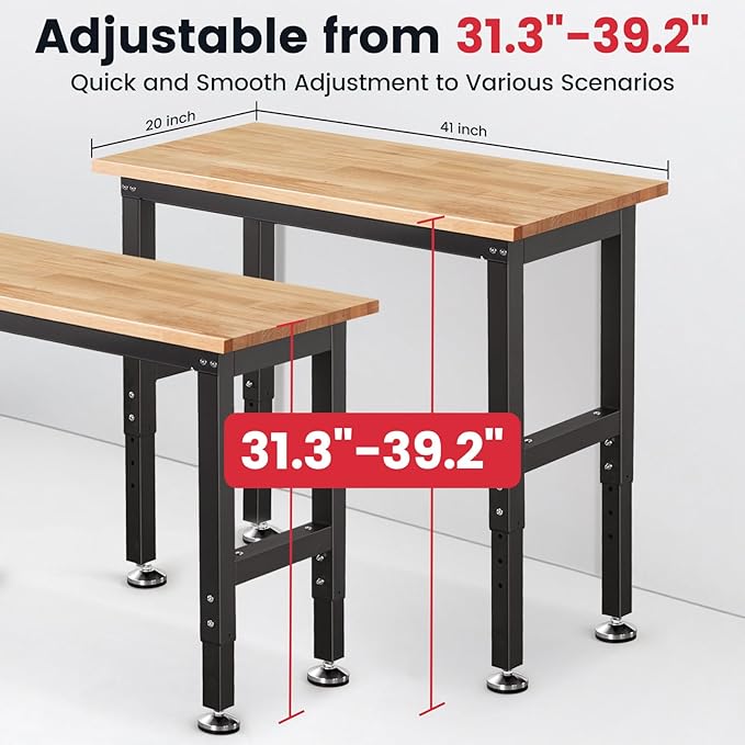Work Bench 41 Inch Workbench for Garage Adjustable Height Heavy Duty Work Table Rubberwood Tabletop for Cutting Wood Shop Home Office Electronic Woodworking