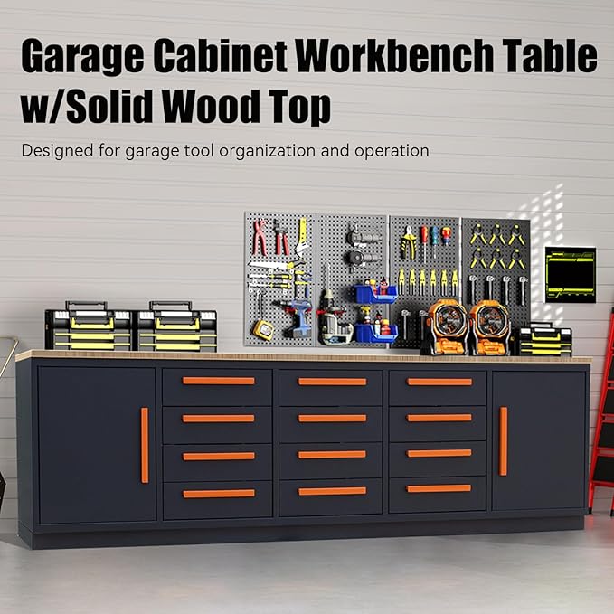 Heavy Duty Garage Cabinet Workbench Table w/Solid Wood Top, Workstation Garage Workbench with Storage for Garage, Warehouse, Office, Workshop, 112.2" W x 26.4" D x 36.2" H