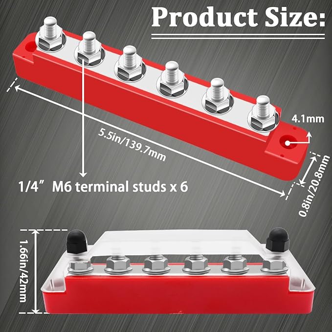 (Red+Black) Power Distribution Terminal Block with Cover with 6 x 1/4” (M6) Post,Battery 12V Bus Bar with Ring Terminals for Car Boat Marine
