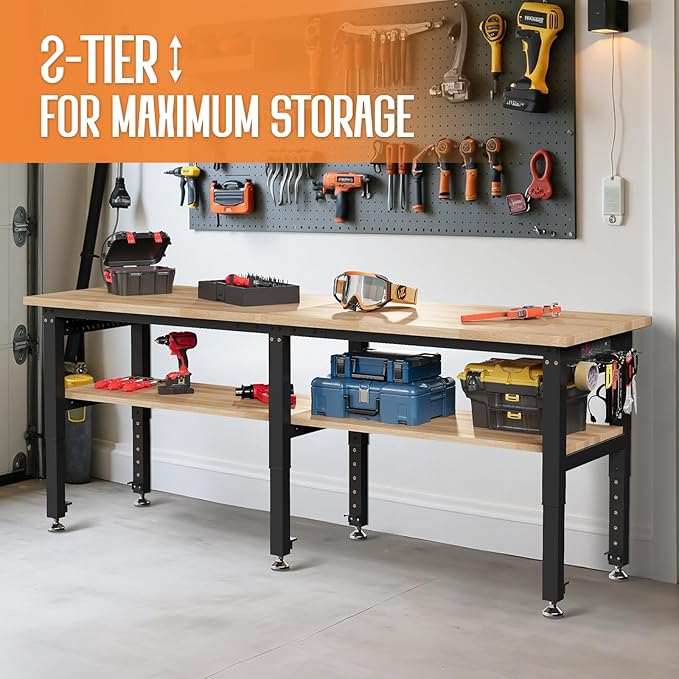 SPECRAFT Adjustable 2-Tier Workbench with 4 AC Outlet and 2 USB Ports Power Outlets, 2000 Lbs Capacity Heavy Duty Workbench, Rubber Wood Top for Garage, Workshop, Office（84x20in）