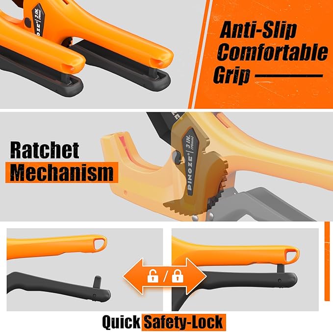 PVC Pipe Cutter - 3 Inch Max Opening, Heavy-Duty Ratchet Pipe Cutter Tool with Stabilizer for PVC, PPR, PE, PEX, Plastic Hoses & Plumbing Pipes with Teflon Coated SK5 Blade