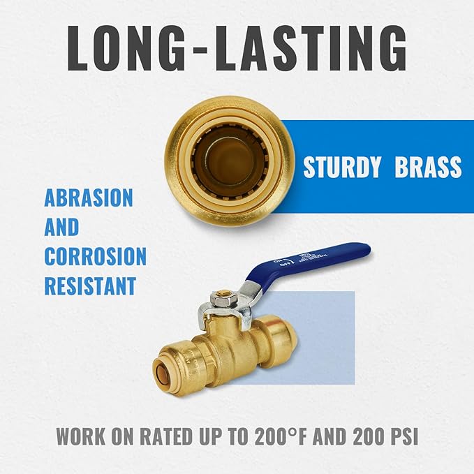 Shut Off Ball Valve 1/2 Inch, SUNGATOR 1/2 Inch Ball Valve, Push-to-Connect Water Shutoff with Blule Handle, No Lead Brass Plumbing Fittings for PEX Pipe, Copper,CPVC, Pack of 1