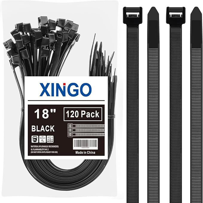 XINGO 120 PCS 18 Inch Black Large Zip Ties Heavy Duty, 330 LBS Ultra Exclusive Strong Plastic Wire Ties, Large Cable Ties Extra Long Tie Wraps For Indoor and Outdoor Use