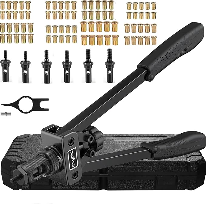 eSynic Professional Rivet Nut Tool Kit - 14" Heavy Duty Rivnut Gun with 6 Mandrels & 80pcs Nuts- Metric & SAE Thread Set for Metal/Wood/Auto Repair, Ergonomic Comfort Grips & Carrying Case Included