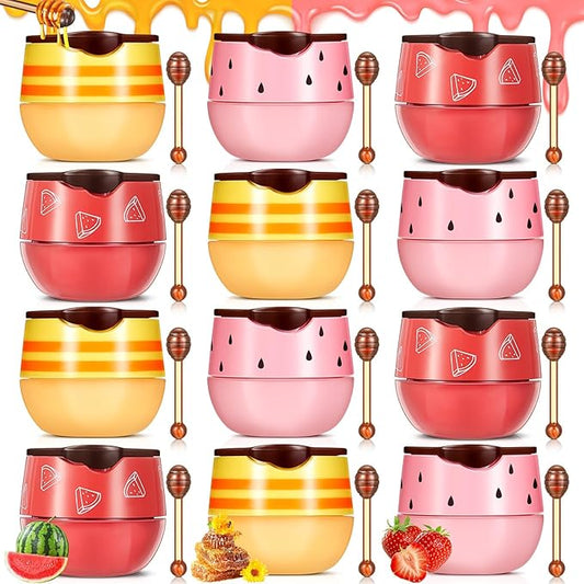 12 Pcs Bee Lip Balm Honey Pot with Brush Propolis Lip Mask Overnight, Moisturizing Hydrating Lip Sleeping Mask Prevention Dry and Cracked(Honey+Strawberry+Watermelon)-VeraVaultWomen