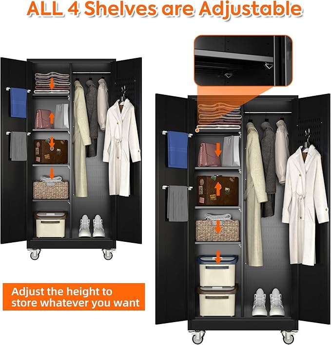 71" H Broom Storage Cabinet with Wheels and Doors,Rolling Tool Cabinet with Pegboard,Shelves and Rod for Garage Warehouse Home,Required Assembly,Black