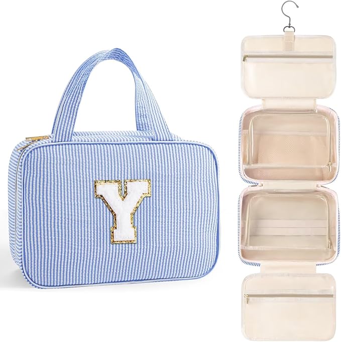 TOPEAST Travel Toiletry Bag for Women - Hanging Toiletry Bag Makeup Bag, Portable Toiletries Cosmetic Bag, Airplane Travel Essentials - Letter Y, Blue