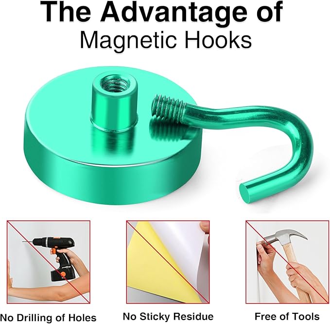 MIKEDE Magnetic Hooks Heavy Duty, 150LB Strong Magnet with Hook for Fridge, Super Neodymium Extra Strength Industrial Hooks for Toolbox, Cruise, Grill(Green,10 Pack)