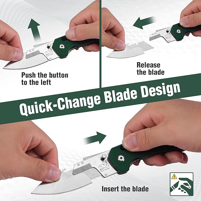 FLISSA Folding Utility Knife, 3-in-1 EDC Knife with Drop Point, Gut Hook & Replaceable Blades, Quick Change, Liner Lock, G10 Handle, Belt Clip for Outdoor & Everyday Use, Includes 16 Blades