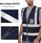 Dib Safety Reflective Vest High Visibility with Pockets and Zipper, Navy S