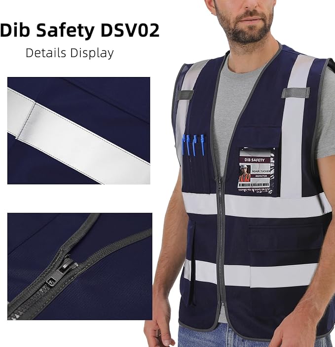 Dib Safety Reflective Vest High Visibility with Pockets and Zipper, Navy S