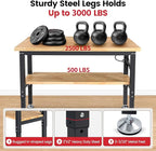 Adjustable Height Work Bench 48 x 20 Workbench for Garage Work Table with Under Table Shelf for Shop Woodworking, Heavy Duty Rubber Wood Top for Office, Home, Commercial