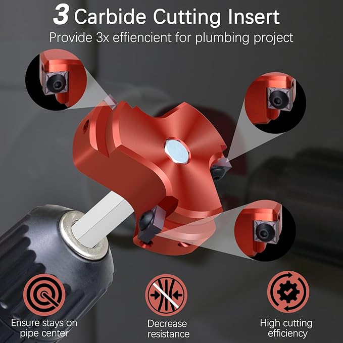 3 Blade PVC Pipe Reamer,PVC Fitting Saver Set Socket Saver for Plumbing,Tool Size:1-1/2",2",3",4 Pipes Reamers,Plastic Pipe Reamer Tool Kit for Sch.40 CPVC ABS Fitting,4 Size w/Tungsten Carbide Blade