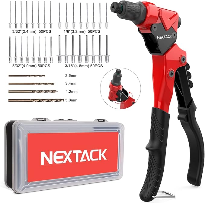 Rivet Gun Kit, Heavy Duty Pop Rivet Gun with 360 Degree swivel Head for Tight Space, 4 HSS Drill Bits, 200 Assorted Rivets & 4 Nosepieces in Organized Rugged Carrying Case NT200