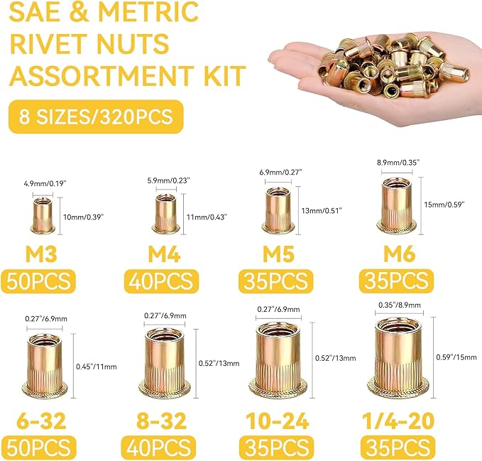 Rivet Nut Tool Kit, 320pcs SAE & Metric Rivet Nut Assortment Kit (M3-M6, #6-32, #8-32, #10-24 and 1/4-20), Carbon Steel Flat Head Threaded Insert for Automotive, Mechanical & Equipment Repairs