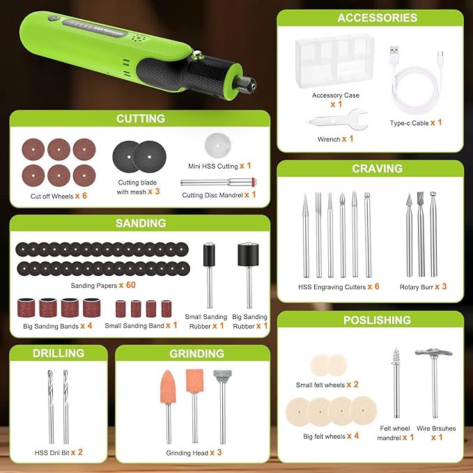 8V Cordless Rotary Tool Kit with 103pcs Accessories, USB-C Charging, 5-Speed 25000RPM mini cordless rotary tool， Power Rotary Tool for Engraving, Sanding, Drilling, Polishing, DIY Crafts