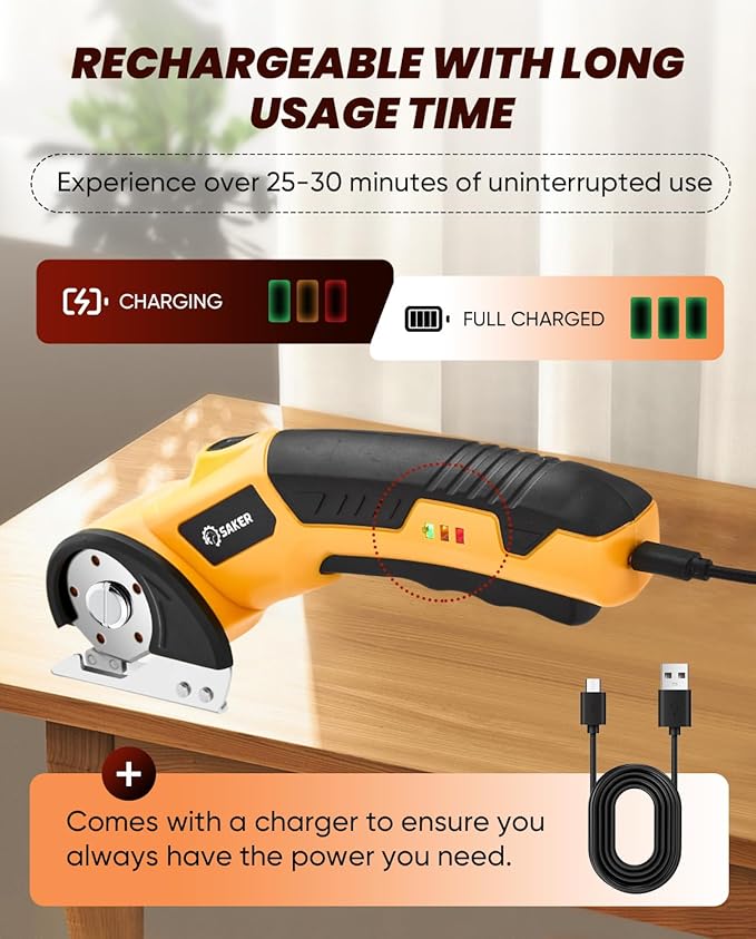 Saker Cordless Electric Scissors,Cardboard Box Cutter,4V Rechargeable Rotary Cutter with Safety Lock & LED Light,Cardboard Cutter for Cutting of Fabric, Leather, Carpet, Plastic, and More(2 Blades)