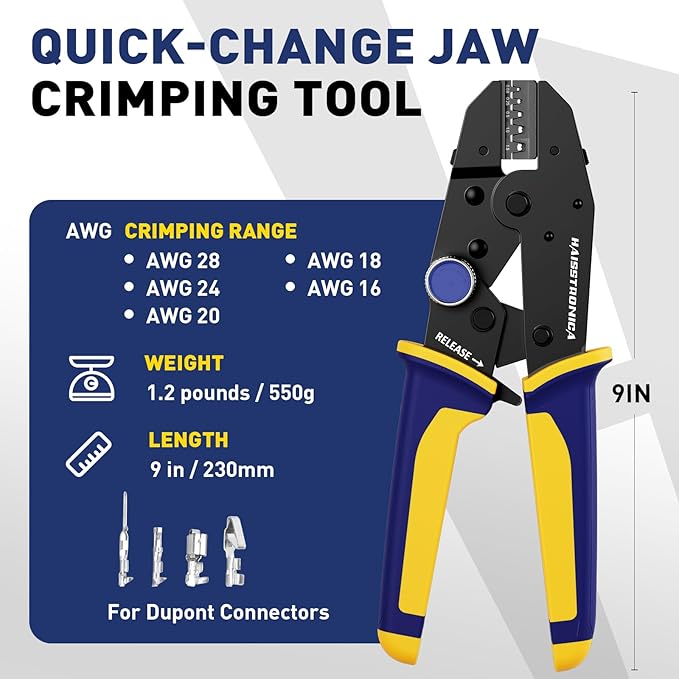 haisstronica Quick Change Jaws Crimping Tool for Dupont Connectors AWG 28-16 Ratcheting Wire Crimper & Terminals - H7