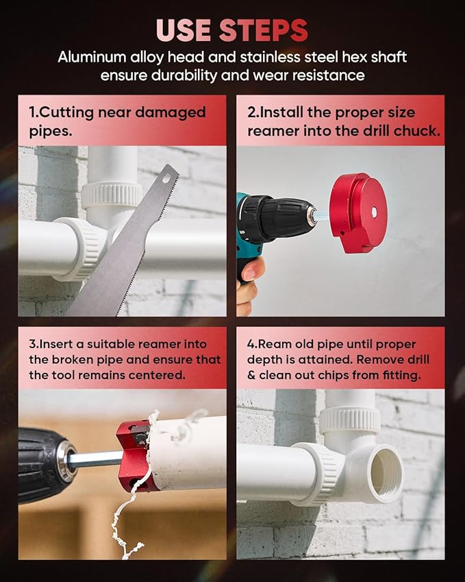 Saker PVC Pipe Reamer Kit, PVC Fitting Saver with 1-1/4inch,1-1/2inch, 2inch,3inch,4inch Head, For SCH40, ABS Pipe,CPVC Perfect for Plumbing Repairs, Fits Standard 1/2" Drill