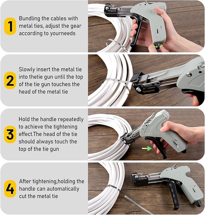 Delgada Metal Cable Tie Gun for Stainless Steel Ties, Professional Automatic Tightening Cutting Ratchet Tie Clamp,4-level Adjustable Fastening Tie Tool