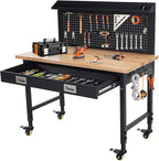 Work Bench 48" Adjustable Height, Heavy-Duty Portable Workbench with Power Outlets and Drawer for Garage & Workshop, 2000 LBS Load Capacity Large Pegboard, Work Table for Office, Home, Easy Assembly