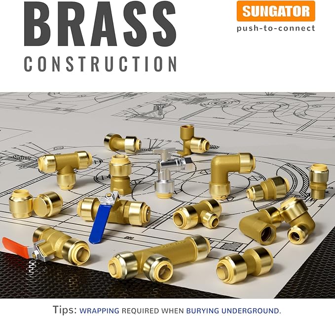 SUNGATOR 1/2 Inch Shut Off Valve, Ball Valve 1/2 Inch, Pushfit Plumbing Water Shutoff, No Lead Brass Push to Connect PEX Pipe, Copper, CPVC, PE-RT, With 1 Disconnect Clip, Pack of 4