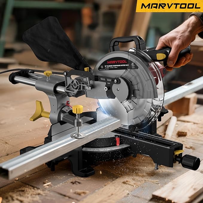 10-inch Sliding Compound Miter Saw, 4800RPM, 15 Amp, Single Bevel 0-45° with Extension Table, 36T Blade, Power Saw for Metal, Plastic, Wood, Laminates