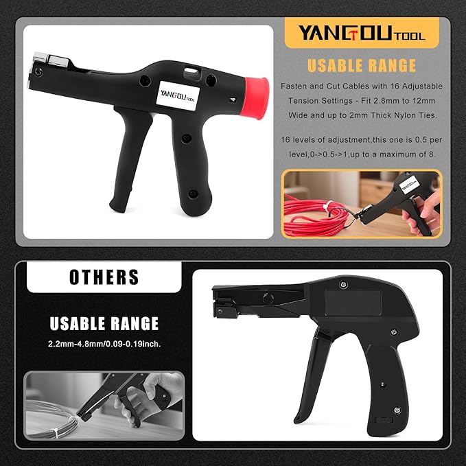 Yangoutool Cable Tie Gun, Fasten and Cut Cables with 16 Adjustable Tension Settings - Fit 2.8mm to 12mm Wide and up to 2mm Thick Nylon Ties