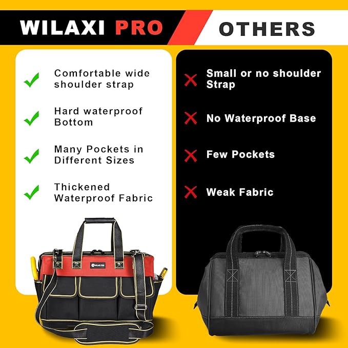 20 in Tool Bag For Men with Waterproof Molded Base, High Capacity Wide Mouth Tote, Construction Worker Electricians Tool Bags, Large Tool Bag Organizer for Men Women (Red)