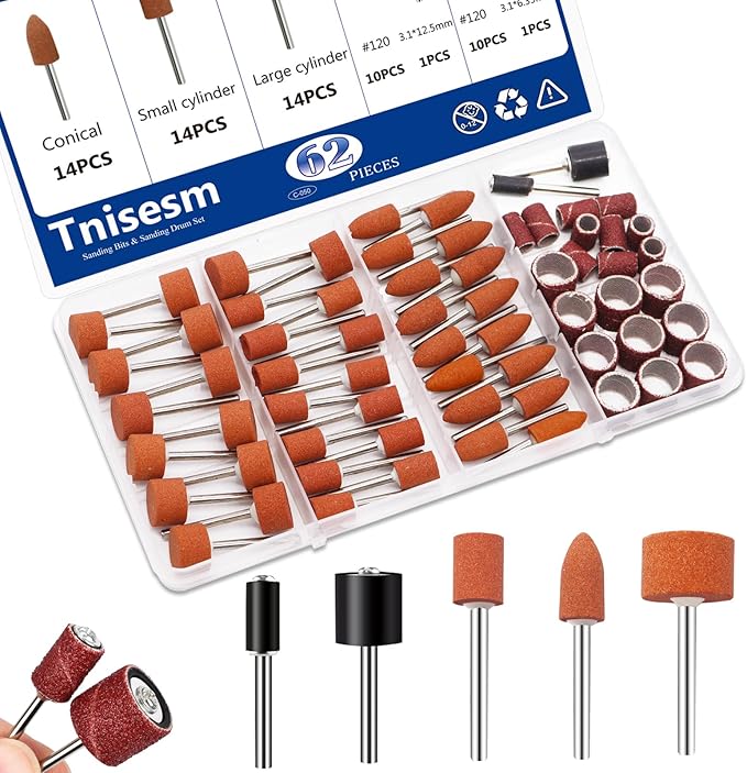 Tnisesm 64Pcs Sanding Bits & Sanding Drum Set for Dremel Rotary Tool with Box, Aluminium Oxide Tough Enough to Metal Rust Removal/Smoothing/Sharpening, Different Shape Meet More Needs