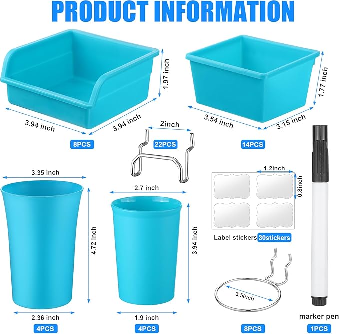 64 Pieces Pegboard Bins Pegboard Cups with Hooks and Loops Peg Hooks Assortment Organizer Accessory for Organizing Accessories Tools Storage Office Workshop Garage Workbench (Blue)