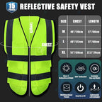 15 Pack Reflective Safety Vests with Pockets and Zipper Construction Work High Visibility Vest for Men Women(Large,Fluorescent Green)