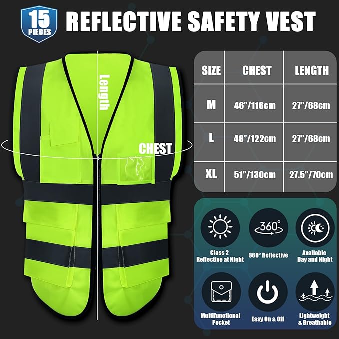 15 Pack Reflective Safety Vests with Pockets and Zipper Construction Work High Visibility Vest for Men Women(Medium,Fluorescent Green)