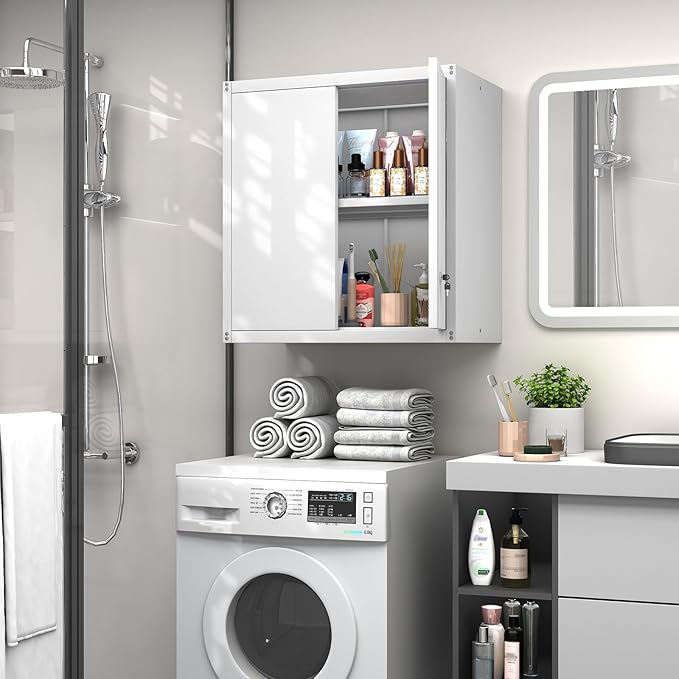 GREATMEET Locking Metal Wall Cabinet, Metal Wall Cabinets for Garage, Wall Mount Cabinet with Lock, Upper Cabinets Wall Mounted, Hanging Utility Cabinet with Adjustable Shelf