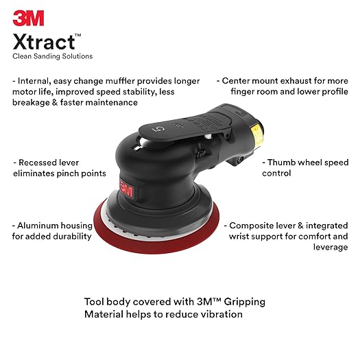 3M Pneumatic Random Orbital Sander, 88937, 5 in, Non-Vacuum, 3/16 in Orbit, Lightweight and Comfortable, 12000 RPM, .28 HP (209W) Motor, Variable Speed