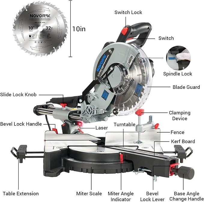 Sliding Compound Miter Saw, 15A 10", Bevel Cut (0°-45°) with Laser, Extension Table, Iron Blade Guard, Cutting Wood, PVC or Soft Metal