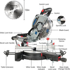 Sliding Compound Miter Saw, 15A 10", Bevel Cut (0°-45°) with Laser, Extension Table, Iron Blade Guard, Cutting Wood, PVC or Soft Metal