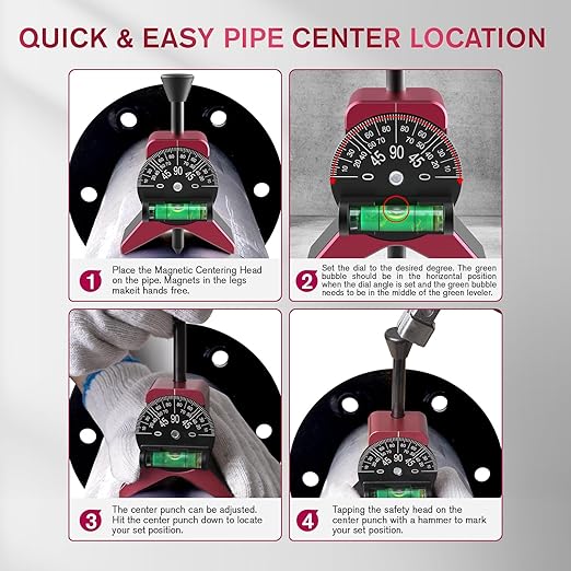 Magnetic Pipe Center Finder Tool, Y-Shape Pipefitter Gauge with Adjustable Dial Bubble Protractor, Fits 1-1/2" to 6" Pipes, 2.75" Centering Head for Accurate Pipe Layout