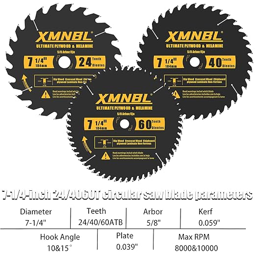 7-1/4 Inch Circular Saw Blade 24T 40T 60T Combination,7-1/4 Saw Frame Ultra Fine Finish Circular Saw Blade,Compatible with DEWALT,Makita,Skil Saw for Wood Plywood Material Cutting,5/8 Inch Arbor