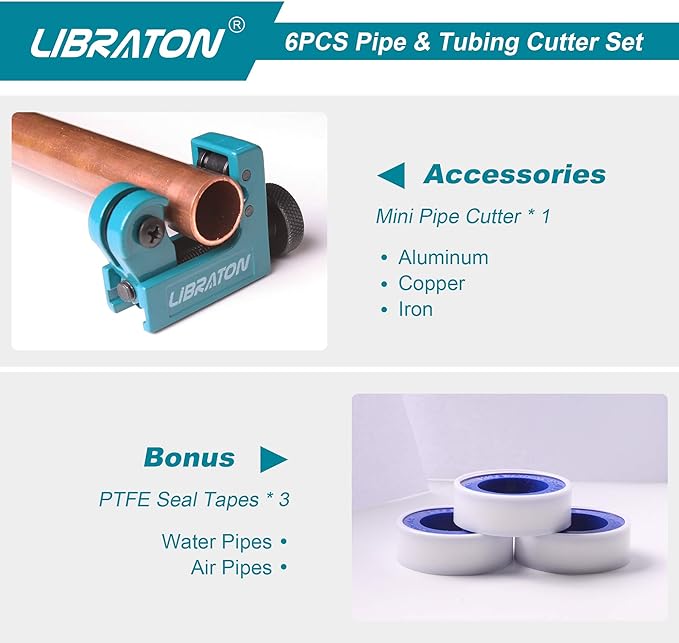 Libraton Pex Cutter 1-1/4", Pex Pipe Cutter, PEX Tube Cutter 1/8" to 7/8", PEX Pipe Cutting Tools for PEX, PVC (Thin), PPR Plastic, Extra PTFE Seal Tapes 400"
