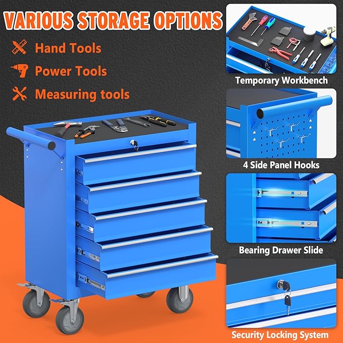 5 Drawers Rolling Tool Chest, Large Capacity Metal Tool Box with Wheels and Drawers, Tool Storage Cabinet with Keyed Locking, Tool Organizer Box for Garage, Workshop, Warehouse (Blue)