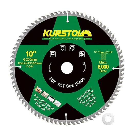 Circular Saw Blade 10 Inch - 80T ABT Wood Cutting Saw Blade with 1” Arbor for Wood, Plastic, Plywood, Particle Boards, Multilayer Boards