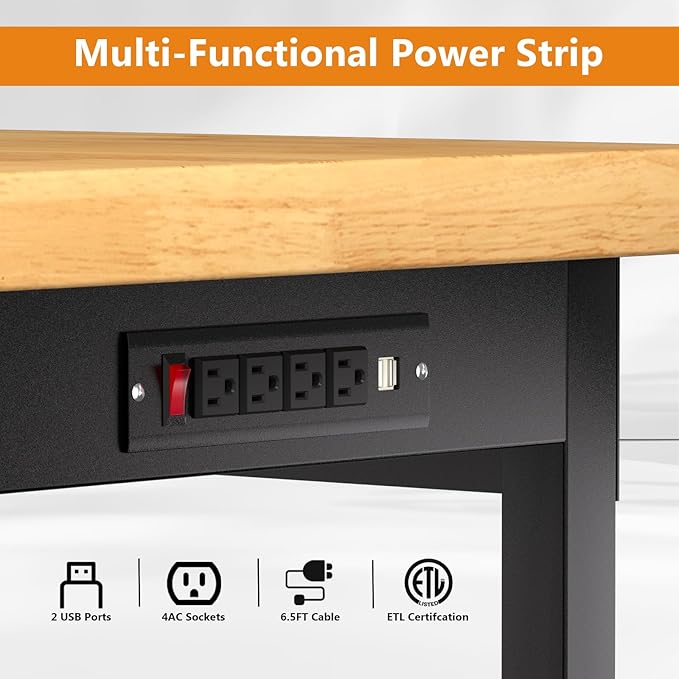 Solid Wood 48" Work Bench with Drawers, Adjustable Height Workbench with Wheels, Heavy-Duty Work Table with Power Outlets, 2000 LBS Capacity Workstation for Garage, Workshop(48" X 24")