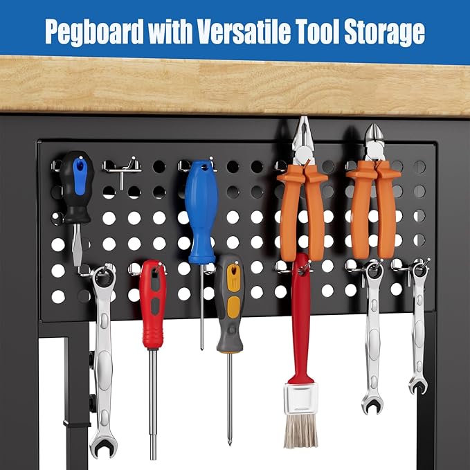 70'' Adjustable Workbench, Solid Wood Work Bench Table with Wheels and Power Outlet & Pegboard, Rolling Workbench Large Load Capacity Garage Workbench for Workshop,Office,Home